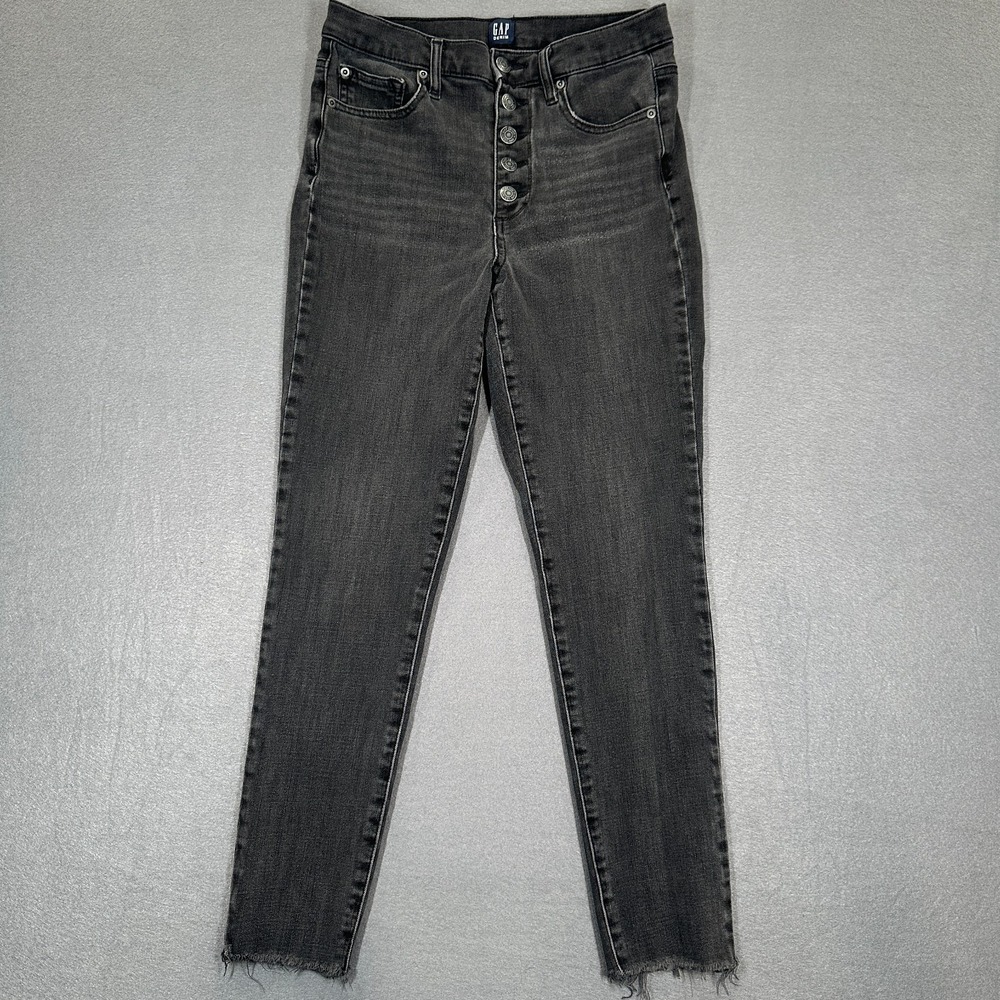 Gap Jeans Womens 27 Black True‎ Skinny Mid Rise Button Fly Frayed Hem Whisker